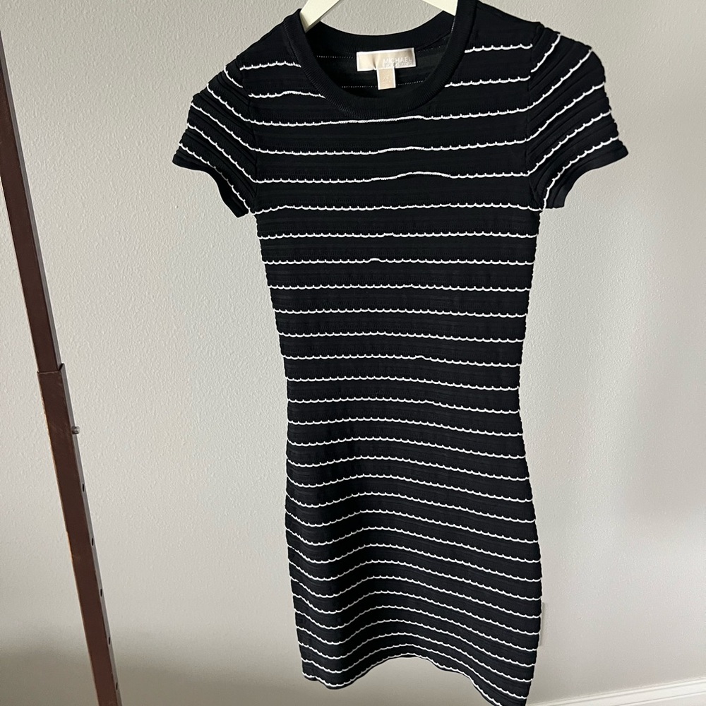Michael Kors Black and White Wave Pattern Mini Dress